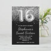 Sparkly Silver Glitter Black Balloon Sweet Sixteen Kaart (Staand voorkant)