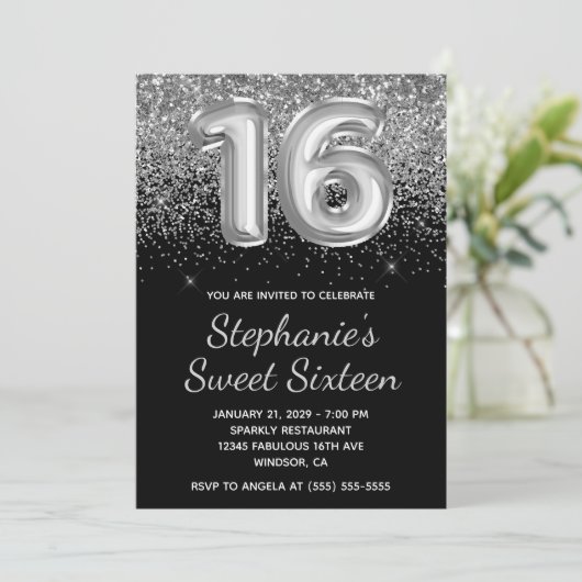 Sparkly Silver Glitter Black Balloon Sweet Sixteen Kaart (Staand voorkant)