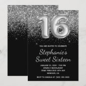 Sparkly Silver Glitter Black Balloon Sweet Sixteen Kaart (Voorkant / Achterkant)