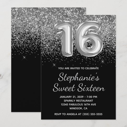 Sparkly Silver Glitter Black Balloon Sweet Sixteen Kaart (Voorkant / Achterkant)