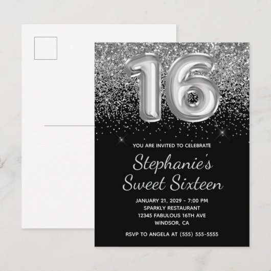 Sparkly Silver Glitter Black Balloon Sweet Sixteen Uitnodiging Briefkaart (Voorkant / Achterkant)