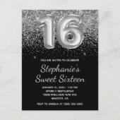 Sparkly Silver Glitter Black Balloon Sweet Sixteen Uitnodiging Briefkaart (Voorkant)