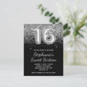 Sparkly Silver Glitter Black Balloon Sweet Sixteen Uitnodiging Briefkaart (Staand voorkant)