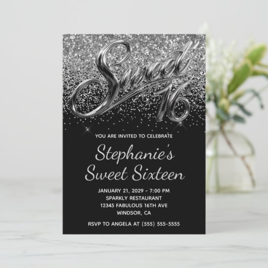 Sparkly Silver Glitter Black Chrome Sweet 16 Kaart (Staand voorkant)