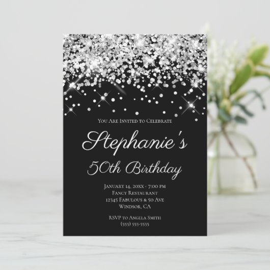 Sparkly Silver Glitter Black Elegant 50th Birthday Kaart (Staand voorkant)