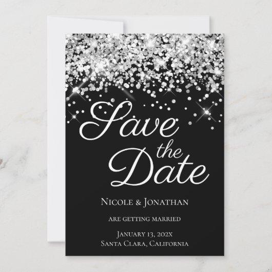 Sparkly Silver Glitter Black Elegant Calligrafie Save The Date (Voorkant)