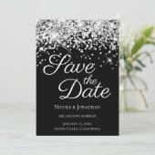 Sparkly Silver Glitter Black Elegant Calligrafie Save The Date (Staand voorkant)