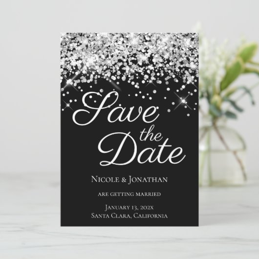 Sparkly Silver Glitter Black Elegant Calligrafie Save The Date (Staand voorkant)