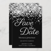 Sparkly Silver Glitter Black Elegant Calligrafie Save The Date (Voorkant / Achterkant)