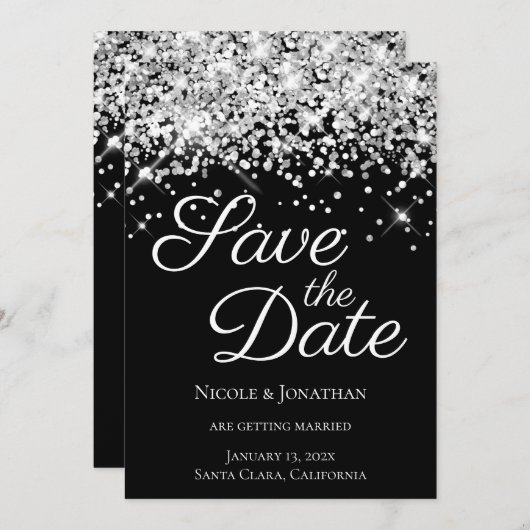 Sparkly Silver Glitter Black Elegant Calligrafie Save The Date (Voorkant / Achterkant)