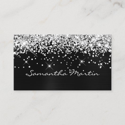 Sparkly Silver Glitter Black Folie Visitekaartje (Voorkant)