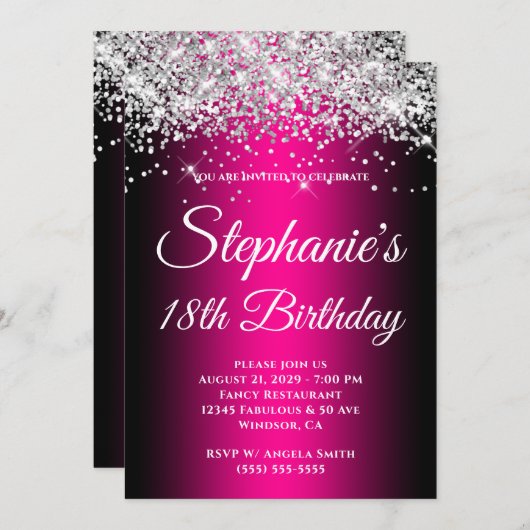 Sparkly Silver Glitter Black Magenta 18th Birthday Kaart (Voorkant / Achterkant)