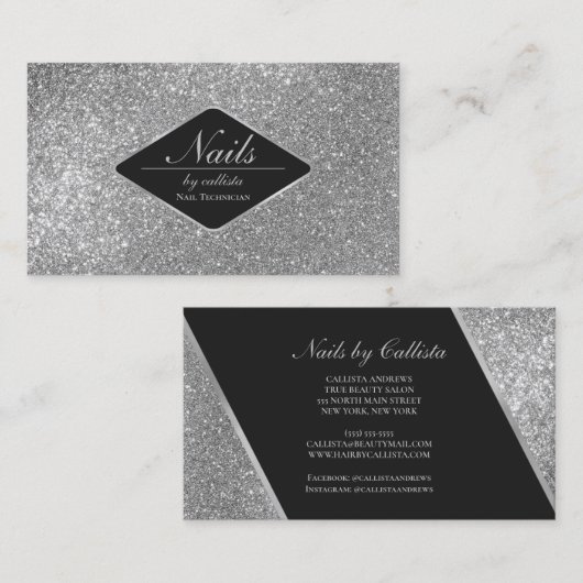 Sparkly Silver Glitter Black Make-up Nails Lash Visitekaartje (Voorkant / Achterkant)