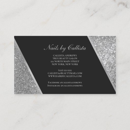 Sparkly Silver Glitter Black Make-up Nails Lash Visitekaartje (Achterkant)