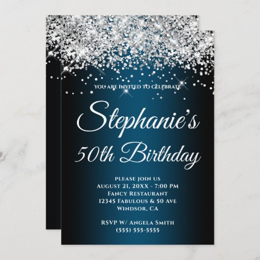 Sparkly Silver Glitter Black Ocean Blue Gradient Kaart (Voorkant / Achterkant)