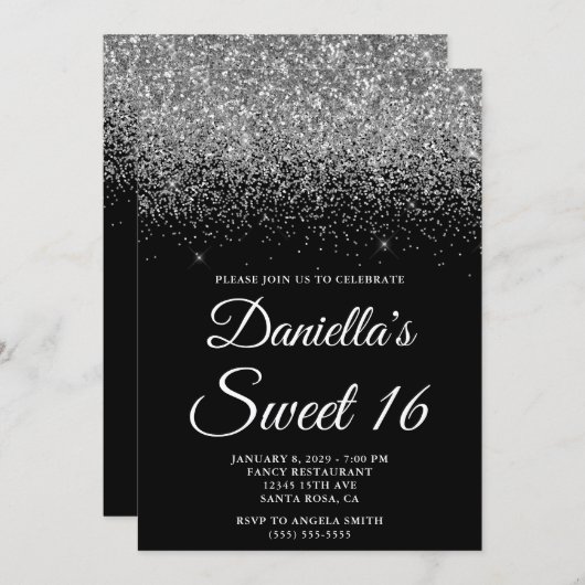 Sparkly Silver Glitter Black Sweet 16 Kaart (Voorkant / Achterkant)
