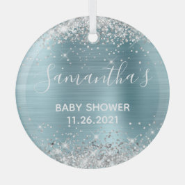 Sparkly Silver Glitter Blue Folie Baby shower Glas Ornament