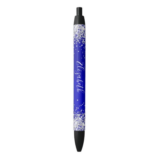 Sparkly Silver Glitter Blue Satin Zwarte Inkt Pen (Voorkant Verticaal)