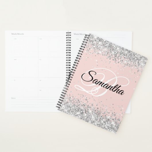 Sparkly Silver Glitter Blush Fancy Monogram Planner (Display)
