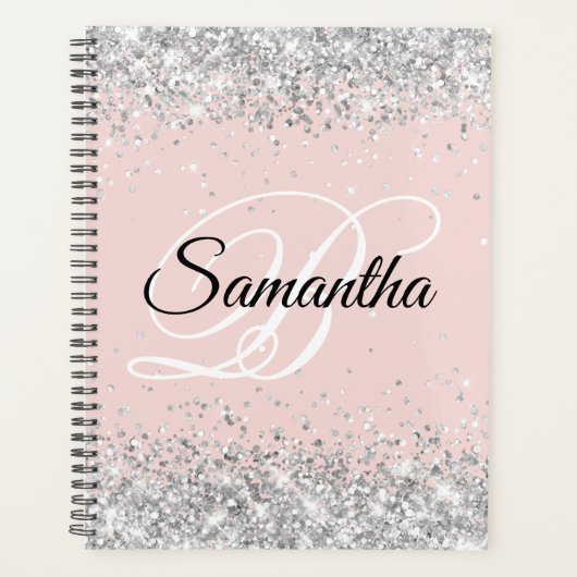 Sparkly Silver Glitter Blush Fancy Monogram Planner (Voorkant)