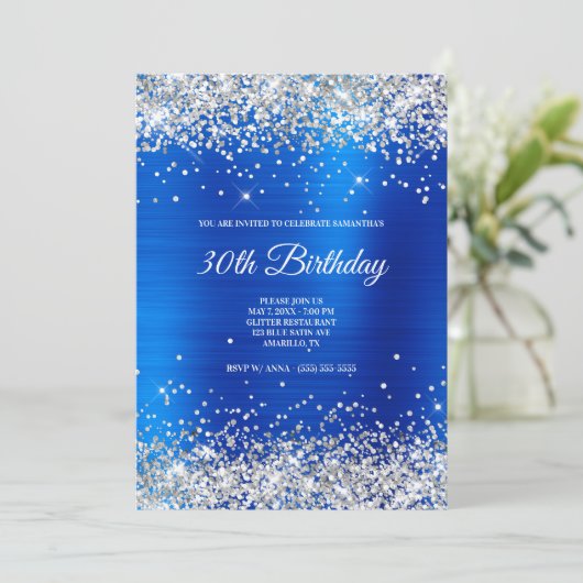Sparkly Silver Glitter Bright Blue Satin Folie Kaart (Staand voorkant)