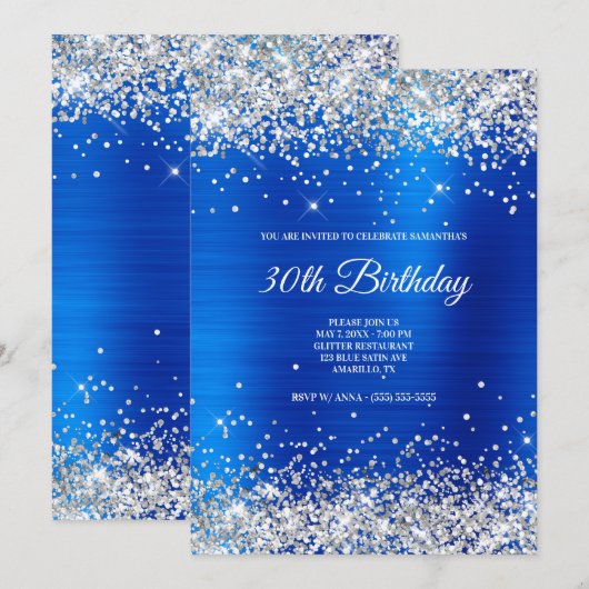 Sparkly Silver Glitter Bright Blue Satin Folie Kaart (Voorkant / Achterkant)