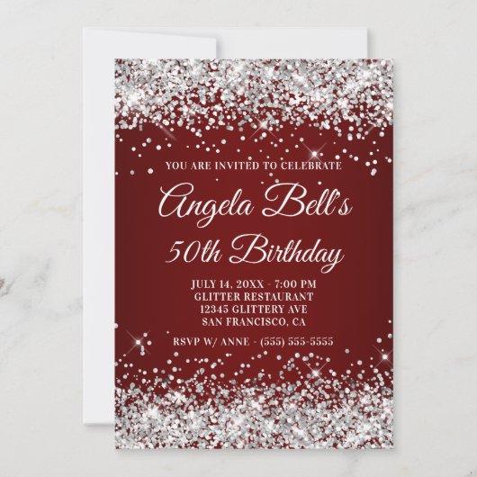 Sparkly Silver Glitter Burgundy 50th Birthday Kaart (Voorkant)