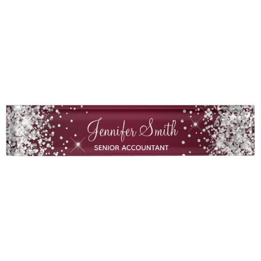 Sparkly Silver Glitter Burgundy Gradient Naambordje (Voorkant)