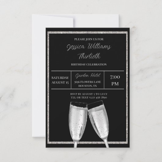 Sparkly Silver Glitter, Champagne Verjaardag Kaart (Voorkant)