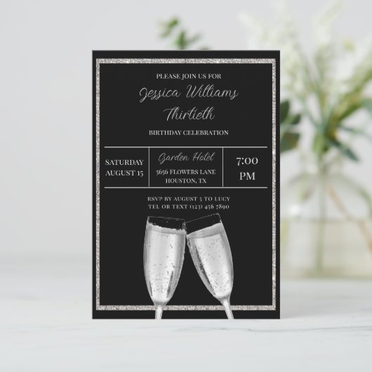 Sparkly Silver Glitter, Champagne Verjaardag Kaart (Staand voorkant)