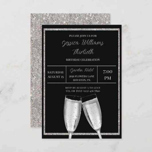 Sparkly Silver Glitter, Champagne Verjaardag Kaart (Voorkant / Achterkant)