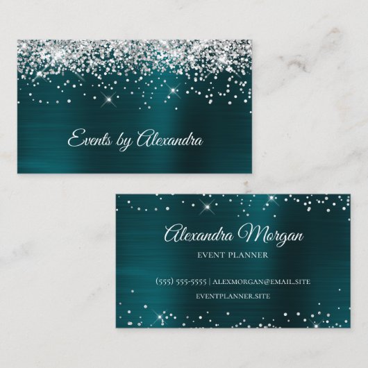 Sparkly Silver Glitter Dark Turquoise Folie Visitekaartje (Voorkant / Achterkant)