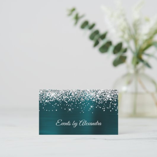 Sparkly Silver Glitter Dark Turquoise Folie Visitekaartje