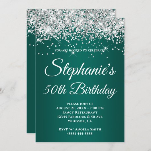 Sparkly Silver Glitter Dark Turquoise Gradient Kaart (Voorkant / Achterkant)