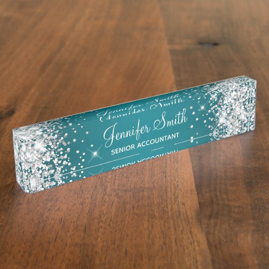Sparkly Silver Glitter Dark Turquoise Gradient Naambordje (Zijkant)