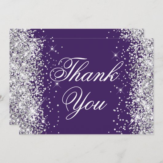 Sparkly Silver Glitter Donker Violet Bedankkaart (Voorkant / Achterkant)