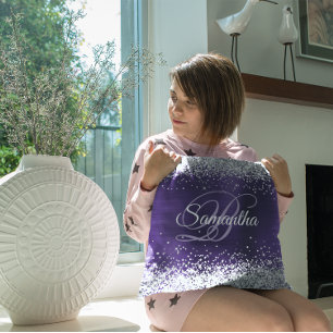 Sparkly Silver Glitter Donker Violet Folie Monogra Kussen