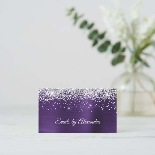 Sparkly Silver Glitter Donkere Violet Satin Folie Visitekaartje (Staand voorkant)