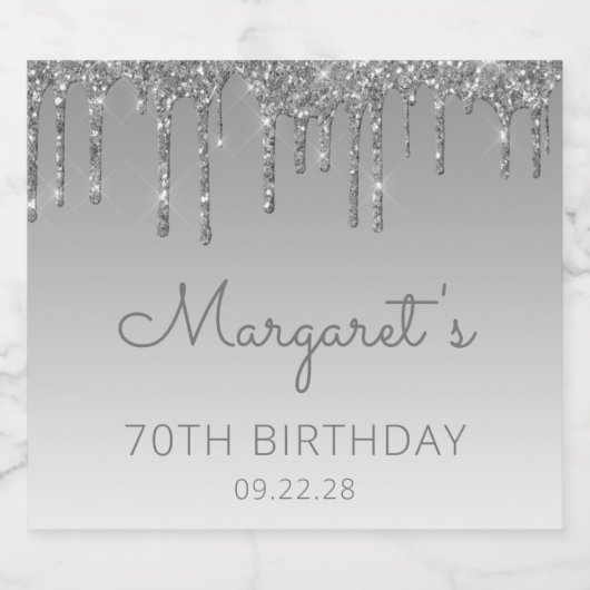 Sparkly Silver Glitter Drip 70th Birthday Sparkling Wijnetiket (Enkel label)