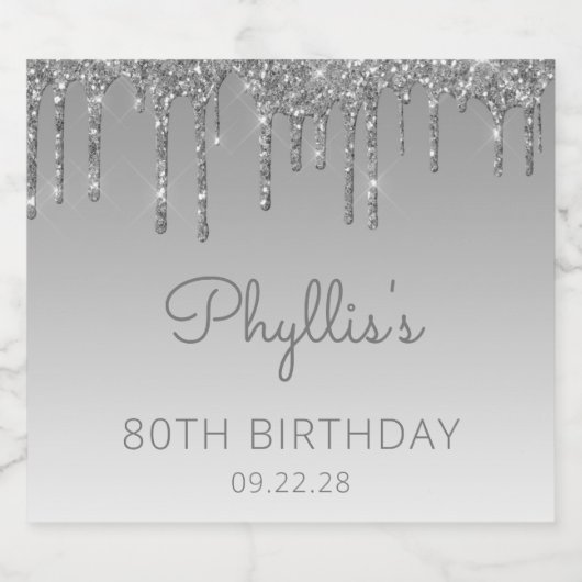 Sparkly Silver Glitter Drip 80th Birthday Sparkling Wijnetiket (Enkel label)
