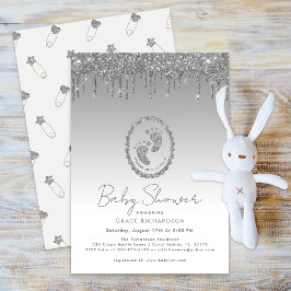 Sparkly Silver Glitter Drip Baby shower Invitation Kaart
