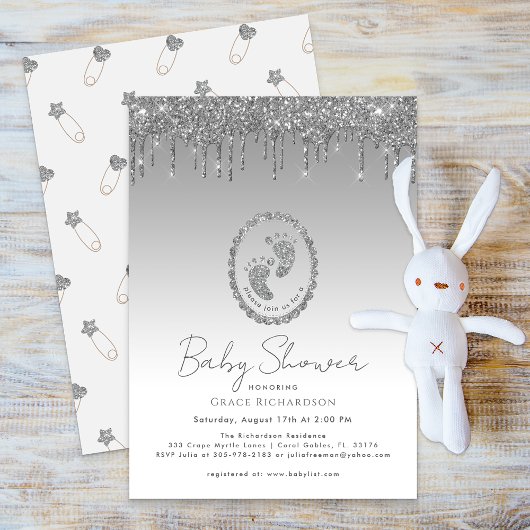 Sparkly Silver Glitter Drip Baby shower Invitation Kaart