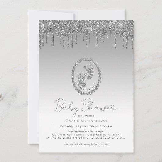 Sparkly Silver Glitter Drip Baby shower Invitation Kaart (Voorkant)