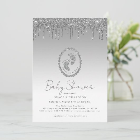 Sparkly Silver Glitter Drip Baby shower Invitation Kaart (Staand voorkant)