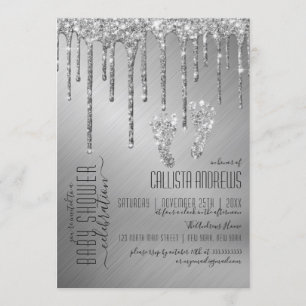 Sparkly Silver Glitter Drips Foot Baby shower Kaart