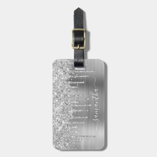 Sparkly Silver Glitter Drips Girly Signature Bagagelabel (Voorkant verticaal)