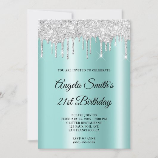 Sparkly Silver Glitter Drips Light Teal Ombre Kaart (Voorkant)