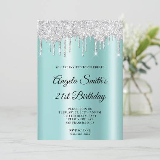 Sparkly Silver Glitter Drips Light Teal Ombre Kaart (Staand voorkant)