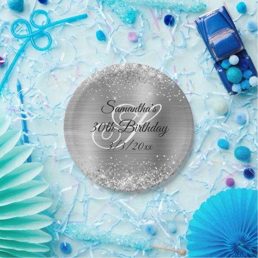 Sparkly Silver Glitter en Folie 30th Birthday Papieren Bordje (Feest)
