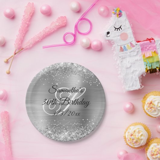 Sparkly Silver Glitter en Folie 30th Birthday Papieren Bordje (Feest)